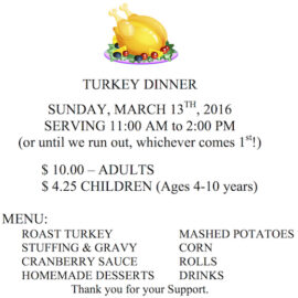 Roast Turkey Dinner Set For March 13