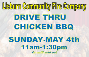Flyer for Lisburn Community Fire Company’s May 4th Drive Thru Chicken BBQ event featuring meal details, location, and contact info