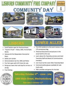 Lisburn Community Fire Company Community Day flyer for October 4th, 10 AM-2 PM at 1800 Main Street, Mechanicsburg. Features six photos showing emergency vehicles, pavilion setup, and community activities. Event includes Touch-A-Truck with police, EMS, fire and public works vehicles, veterans and first responders honored at noon, kettle corn vendor, demonstrations, fire tent with items for sale, free parking, and bring your own lawn chair. Lower Allen Township portion includes free 175th anniversary bags for first 250 residents, historical documents and pictures in social hall, meet township staff and commissioners, live music by Lower Allen Township Band, commemorative glasses for sale (cash only), and free kids activities. Rain date October 11th.