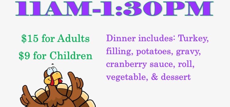 lyer for Lisburn Community Fire Company's Spring TO-GO Turkey Dinner on March 8th from 11 AM to 1:30 PM. Adults $15, Children $9. Dinner includes turkey, filling, potatoes, gravy, cranberry sauce, roll, vegetable, and dessert. Features a cartoon turkey prancing through spring flowers and butterflies. Location: 1800 Main Street, Mechanicsburg, PA. Contact: 717-766-3994 or LisburnFire24@gmail.com.