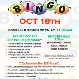 Bingo Returns to Lisburn Community Fire Company on October 18 Bingo Returns to Lisburn Community Fire Company on October 18