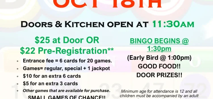 Bingo Returns to Lisburn Community Fire Company on October 18 Flyer for Lisburn Community Fire Company Bingo on October 18, doors and kitchen open 11:30 a.m., Bingo begins 1:30 p.m.