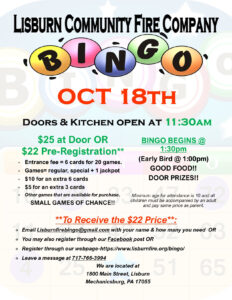 Flyer for Lisburn Community Fire Company Bingo on October 18, doors and kitchen open 11:30 a.m., Bingo begins 1:30 p.m.