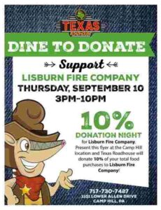 Texas Roadhouse Dine to Donate flyer for Lisburn Fire Company, Thursday, September 10, 3 to 10 p.m., 1101 Lower Allen Drive, Camp Hill, PA.